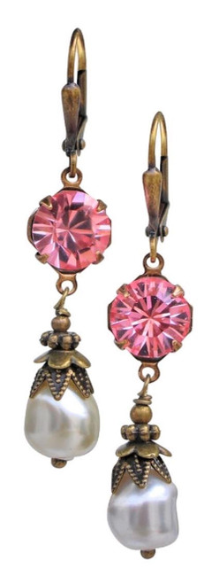 Pink Crystal and Pearl October Birthstone Earrings for Women with Jewelry Gift Box